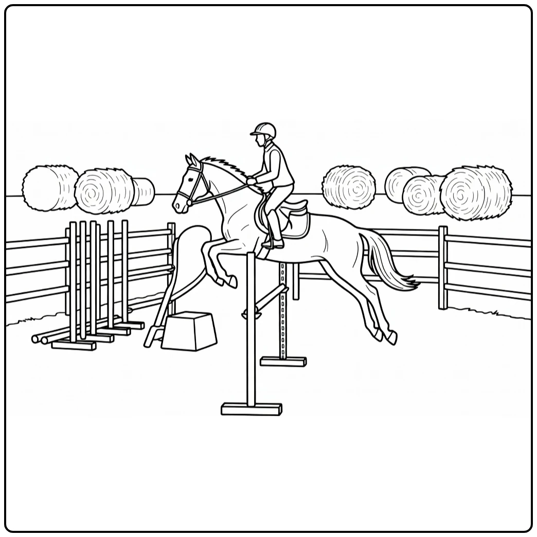 Dynamic realistic horse jumping coloring page in quiet arena