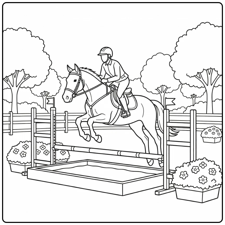 realistic horse jumping coloring page over water tray