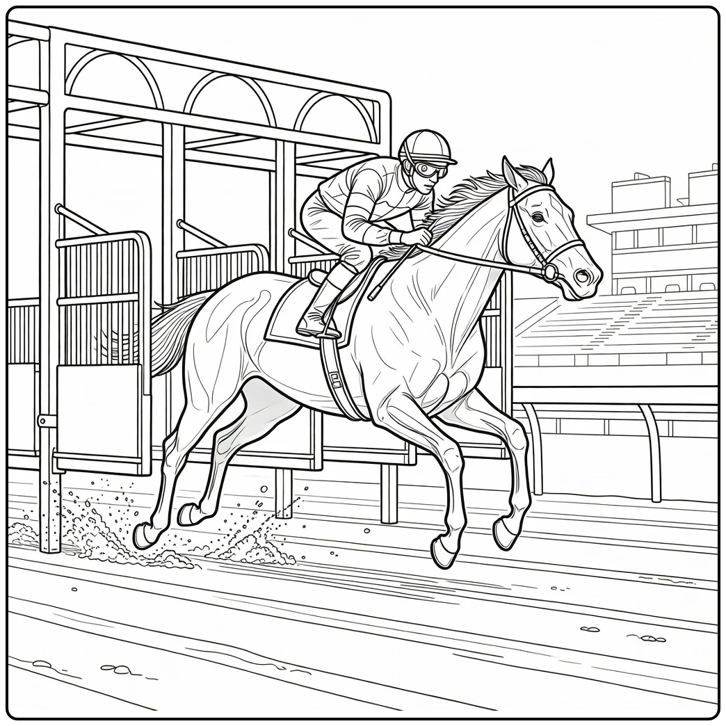 Realistic horse racing coloring page horse leaping from gate
