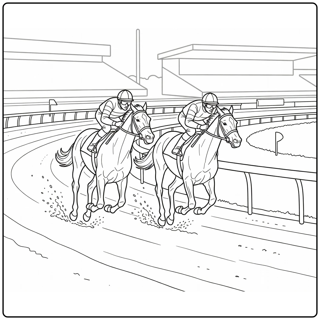 Realistic horse racing coloring page showing close race action