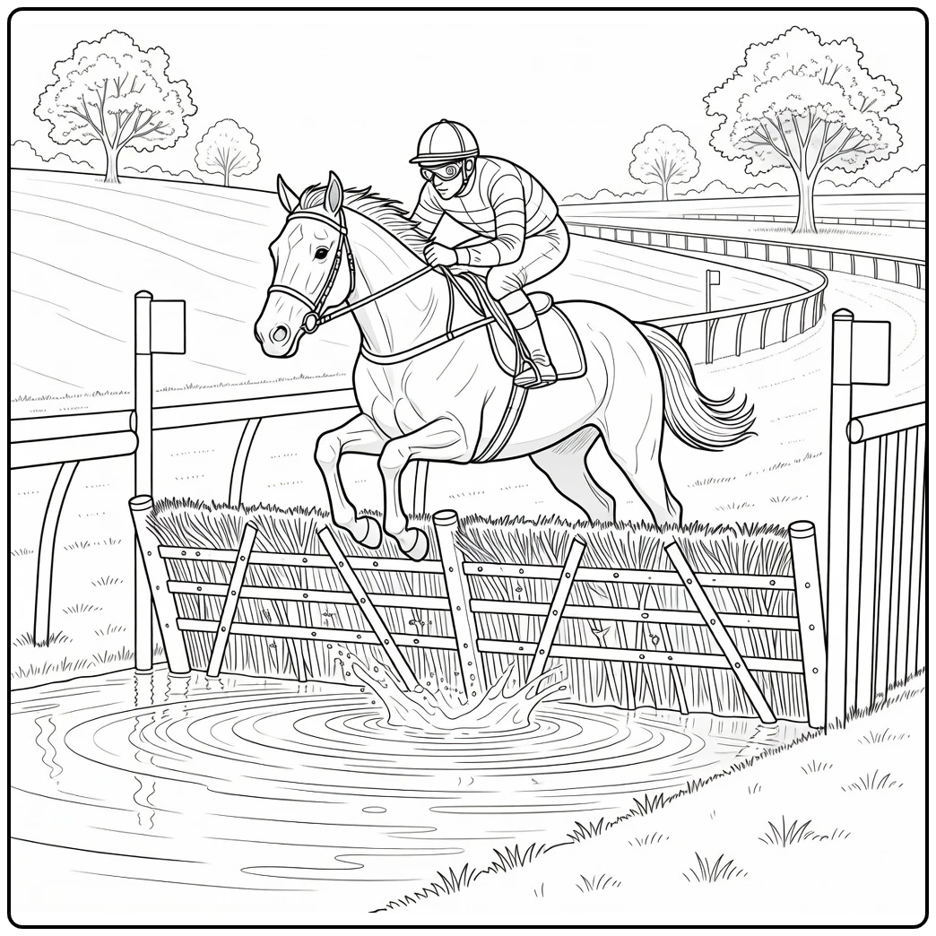 Realistic horse racing coloring page with horse jumping fence