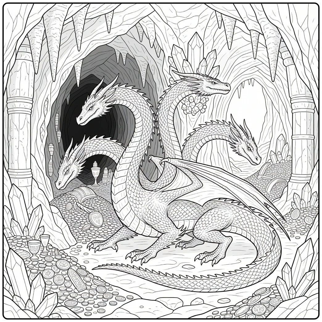 Realistic hydra dragon coloring page in treasure cave
