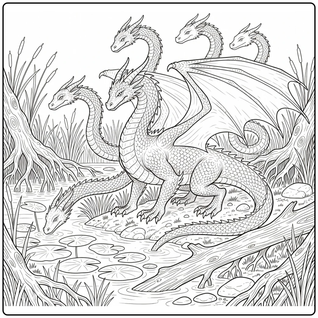 Realistic hydra dragon coloring page rising from swamp