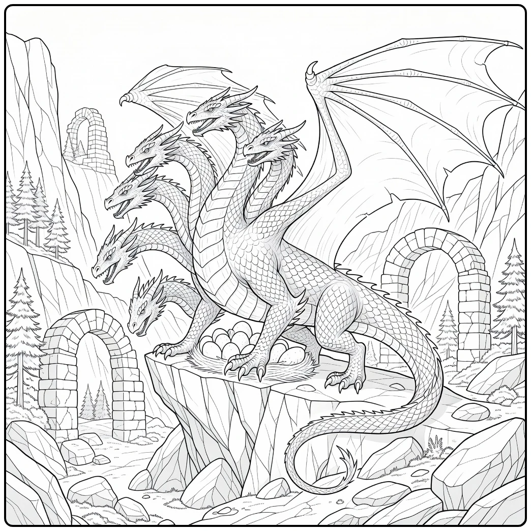Realistic hydra dragon coloring page: 7-headed beast guards eggs on ledge