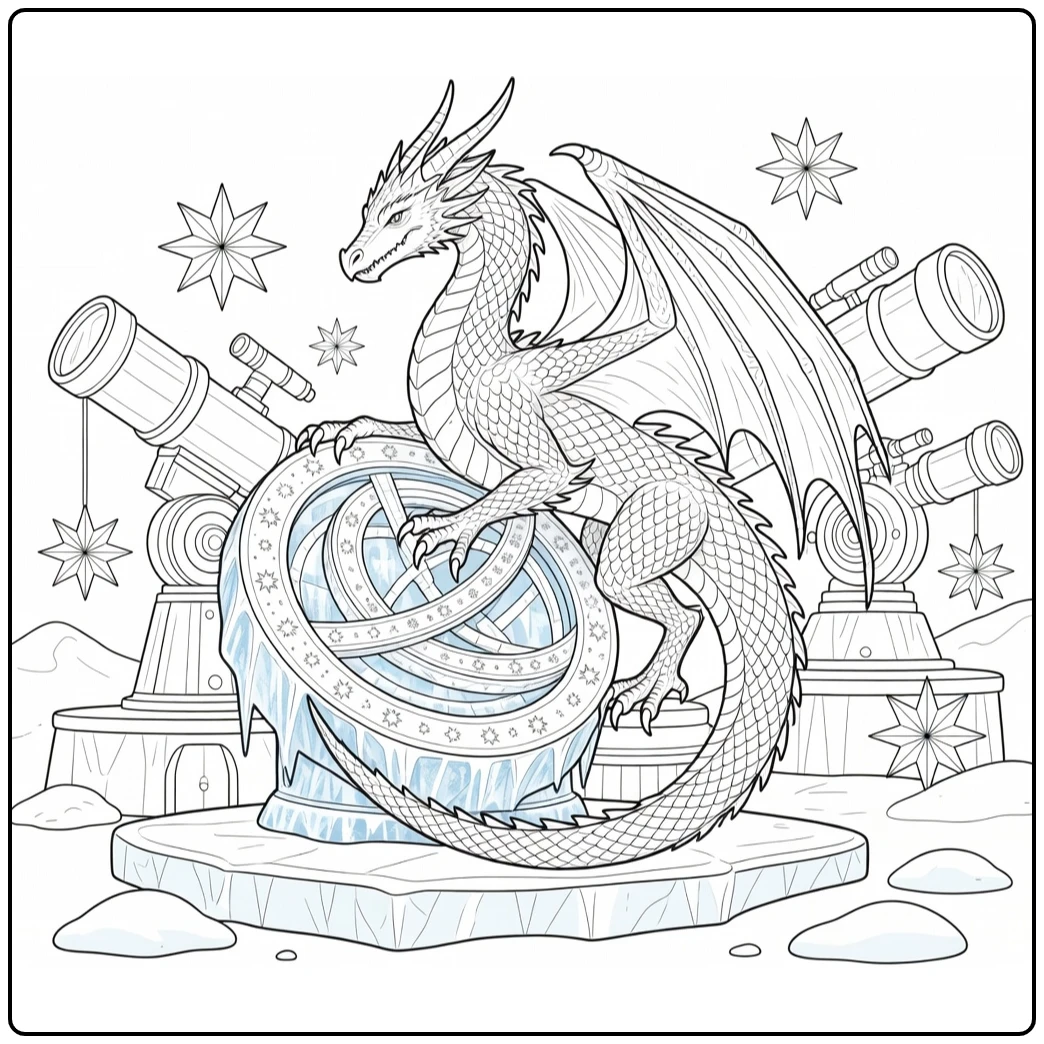 Realistic ice dragon coloring page gripping frozen astrolabe