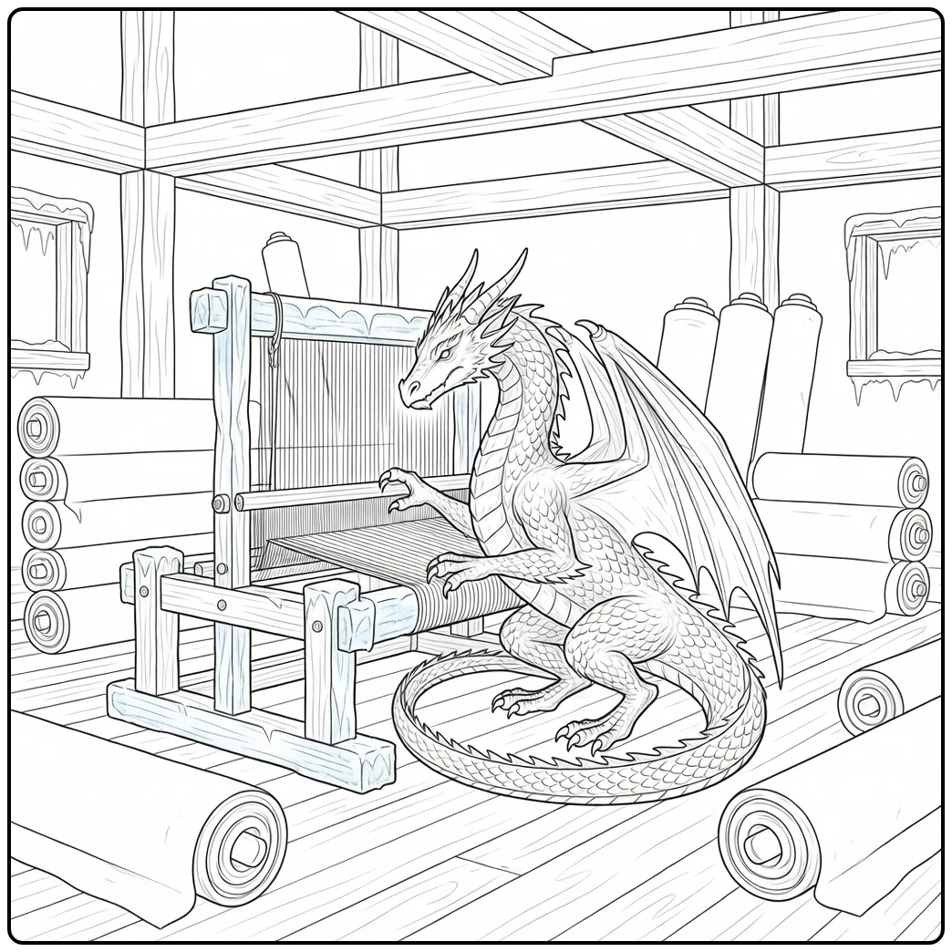 Realistic ice dragon coloring page kneeling by frozen loom