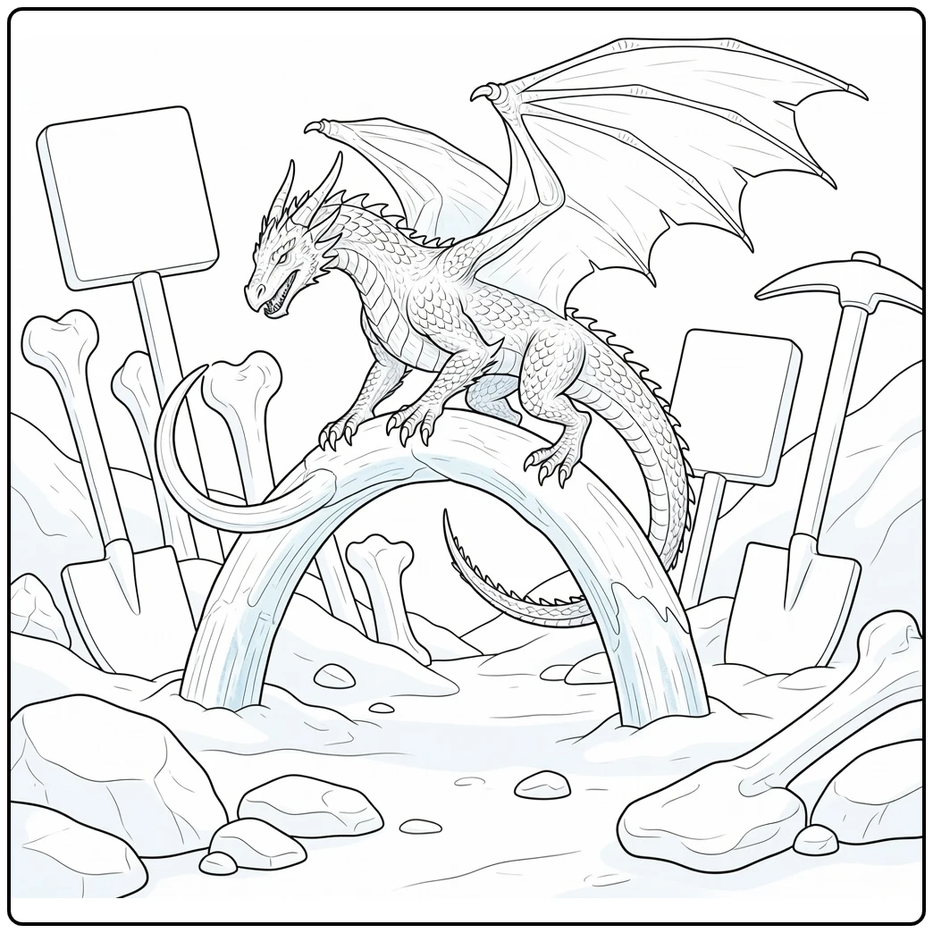 Realistic ice dragon coloring page climbs mammoth tusk arch