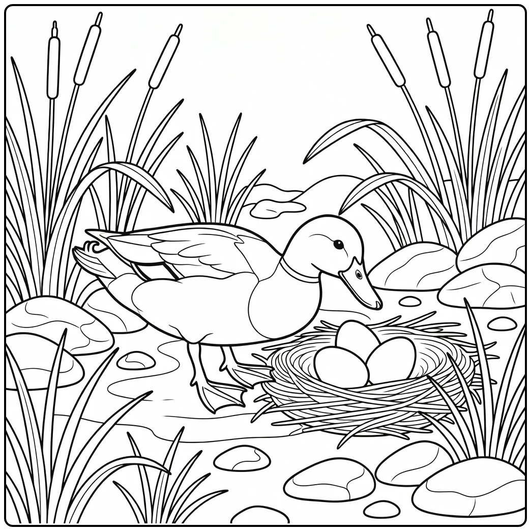 realistic mallard duck coloring page at marsh nest with eggs