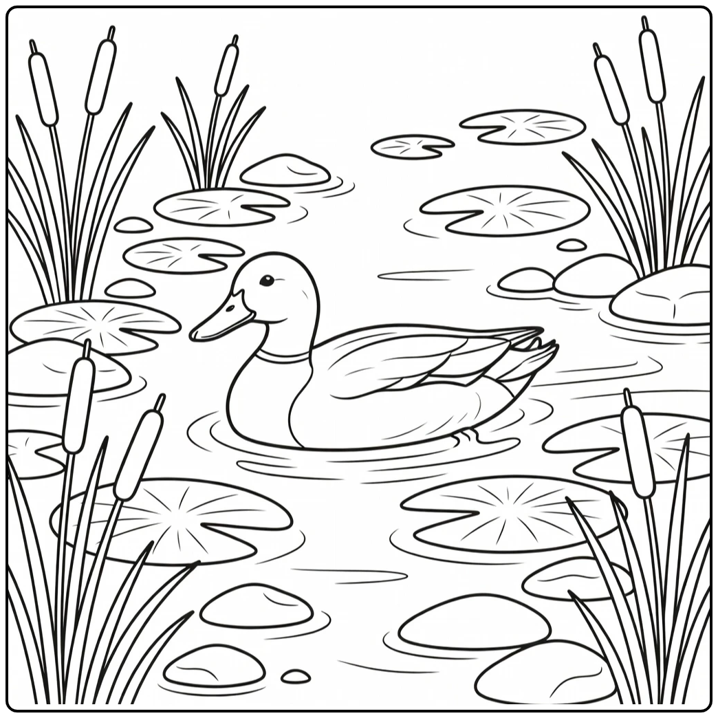 realistic mallard duck coloring page in shallow wetland