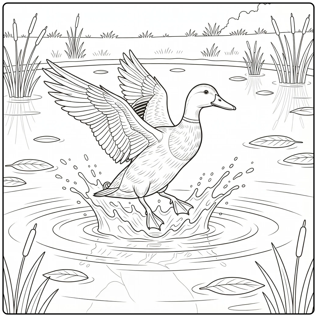 realistic mallard duck coloring page landing on quiet pond