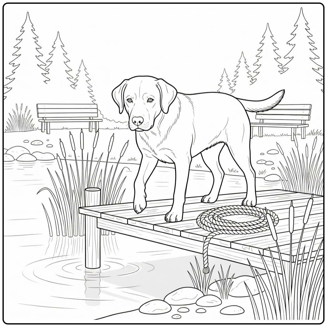 Realistic pet coloring page of Labrador retriever on quiet dock