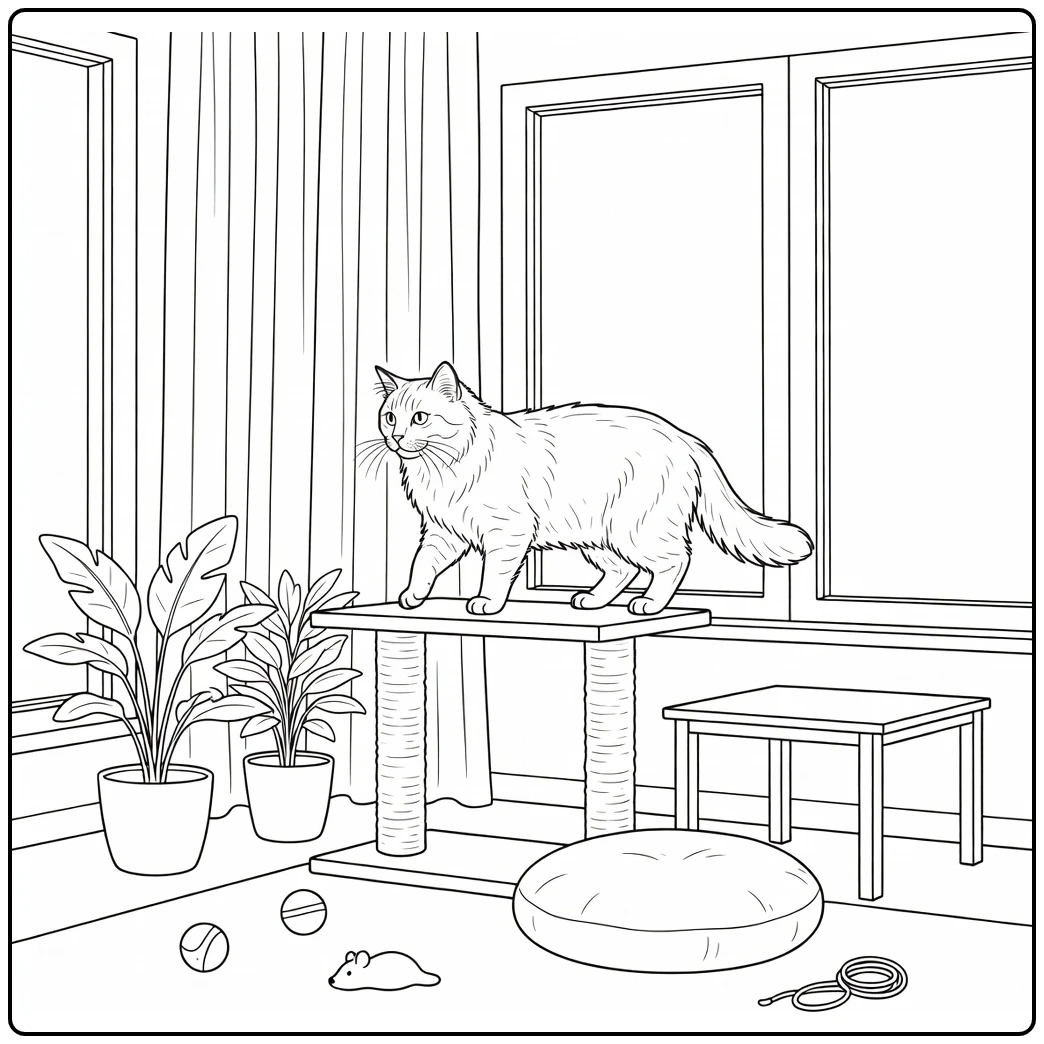 Realistic Pet Coloring Page of Cat on Scratching Post Platform