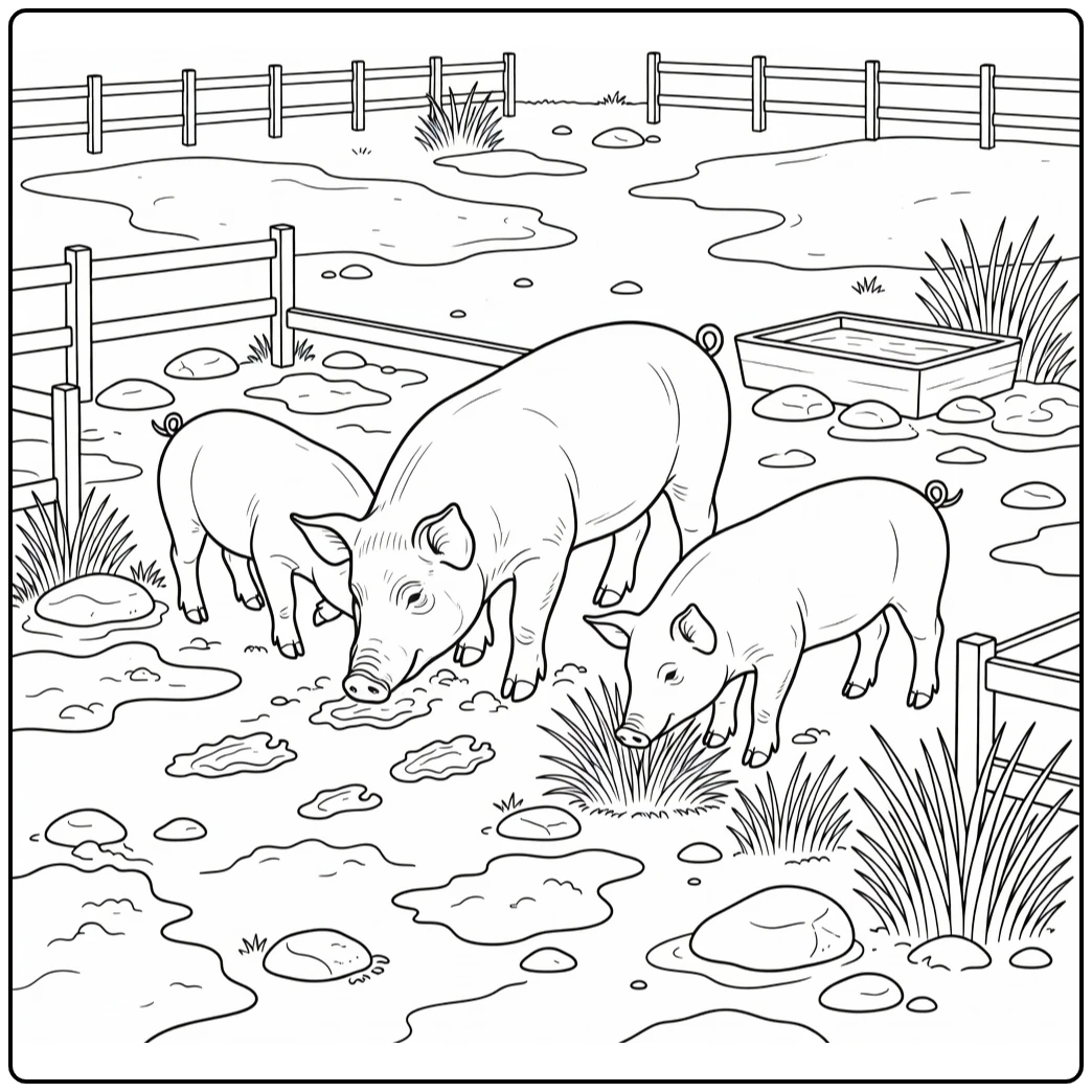 Realistic pig coloring page with three foraging farm pigs
