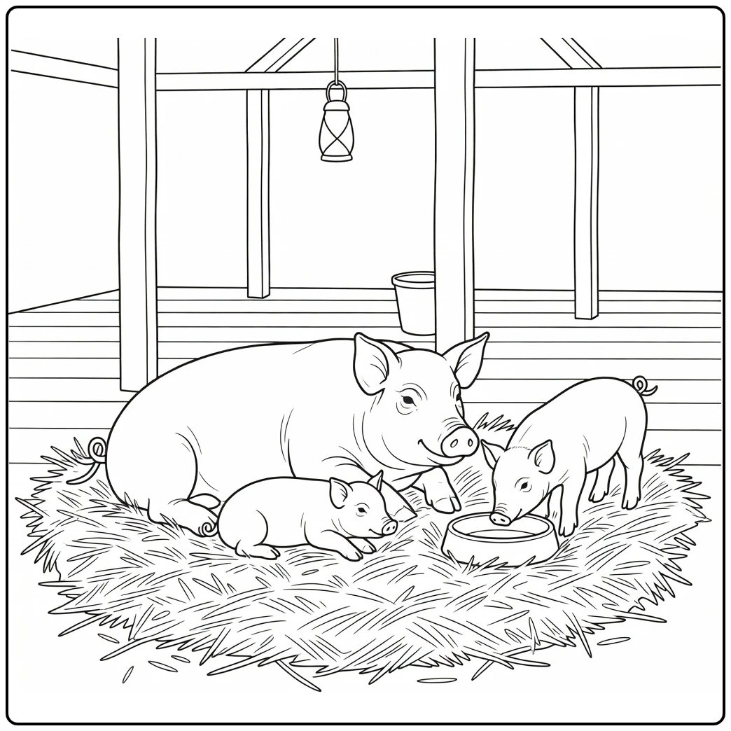 realistic pig coloring page with sow and piglets in barn