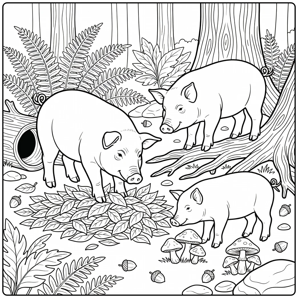 Realistic Pig Coloring Page of Three Pigs in Forest