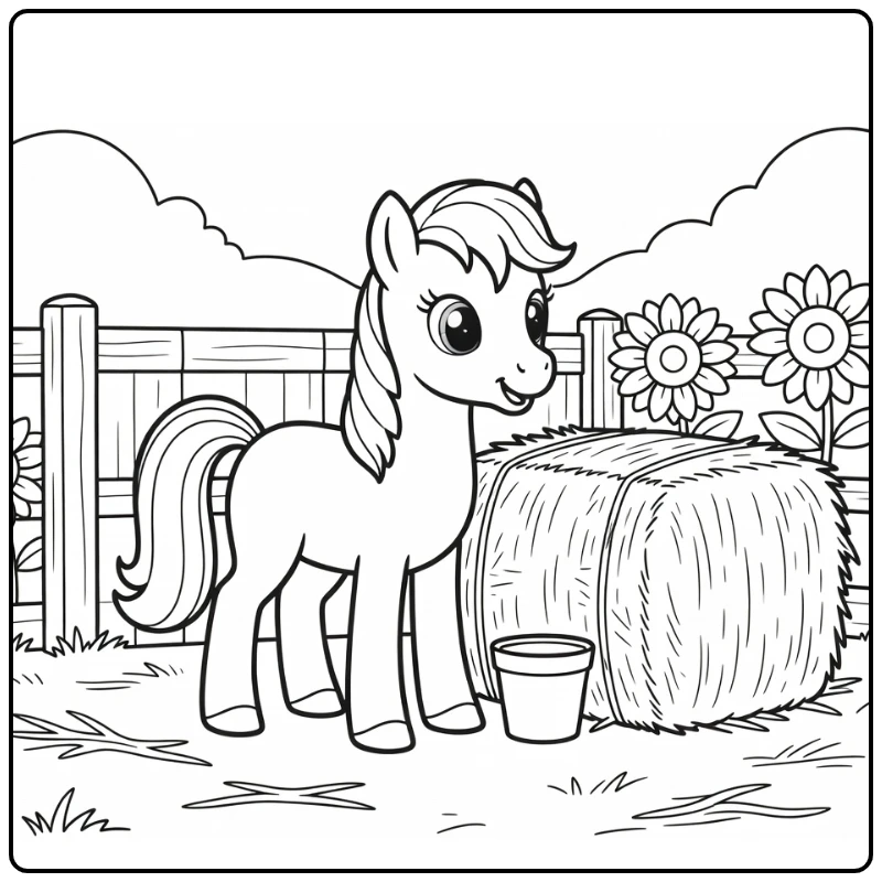 realistic pony coloring page of baby pony at farm gate