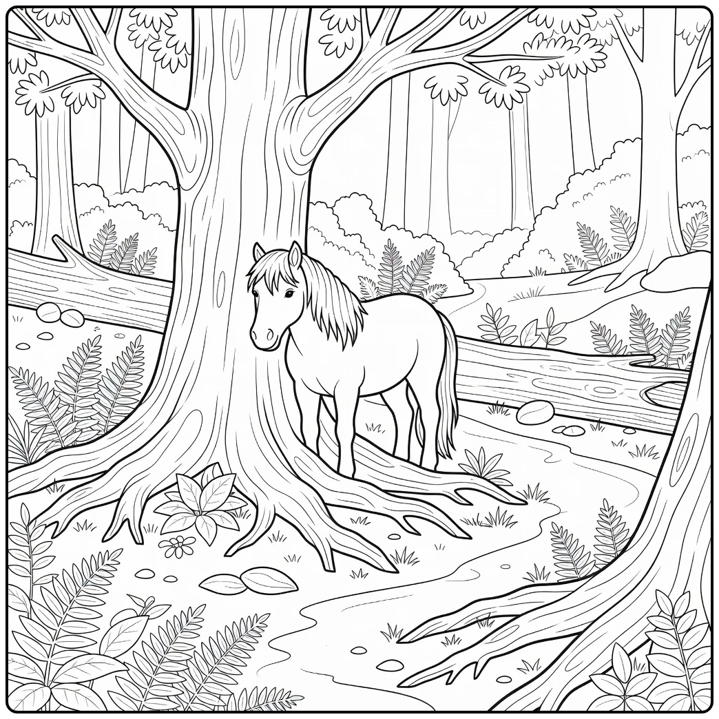 Realistic pony coloring page showing pony by tree trunk