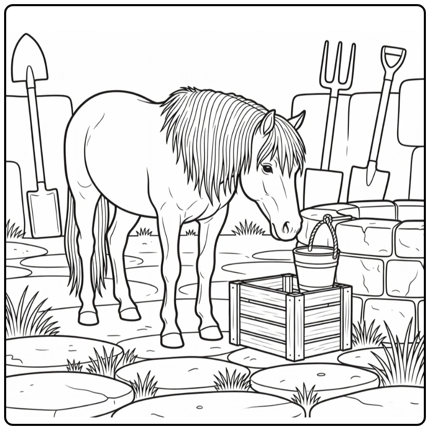 Realistic pony coloring page at old stone well