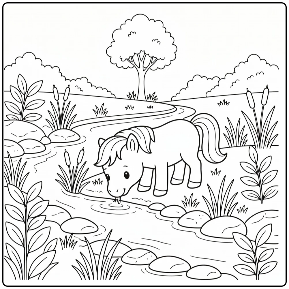 Realistic Pony Coloring Page Baby Pony Drinks from Creek