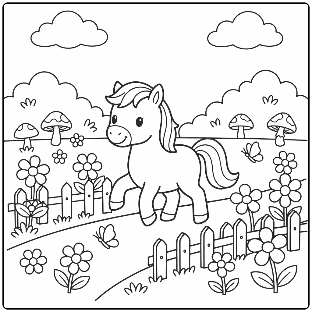 Realistic pony coloring page baby pony in garden with daisies