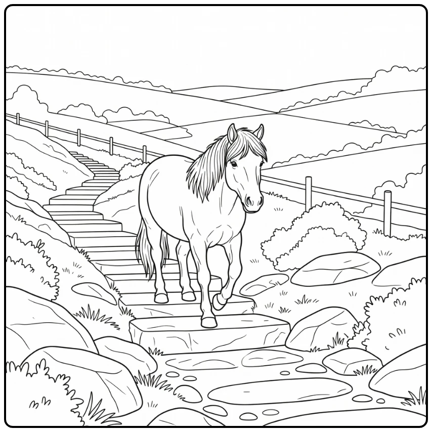 Realistic pony coloring page on terraced hillside path