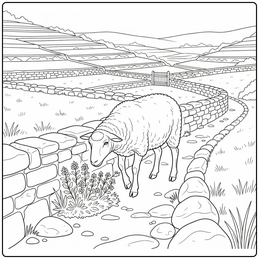 Realistic sheep coloring page on narrow terrace path