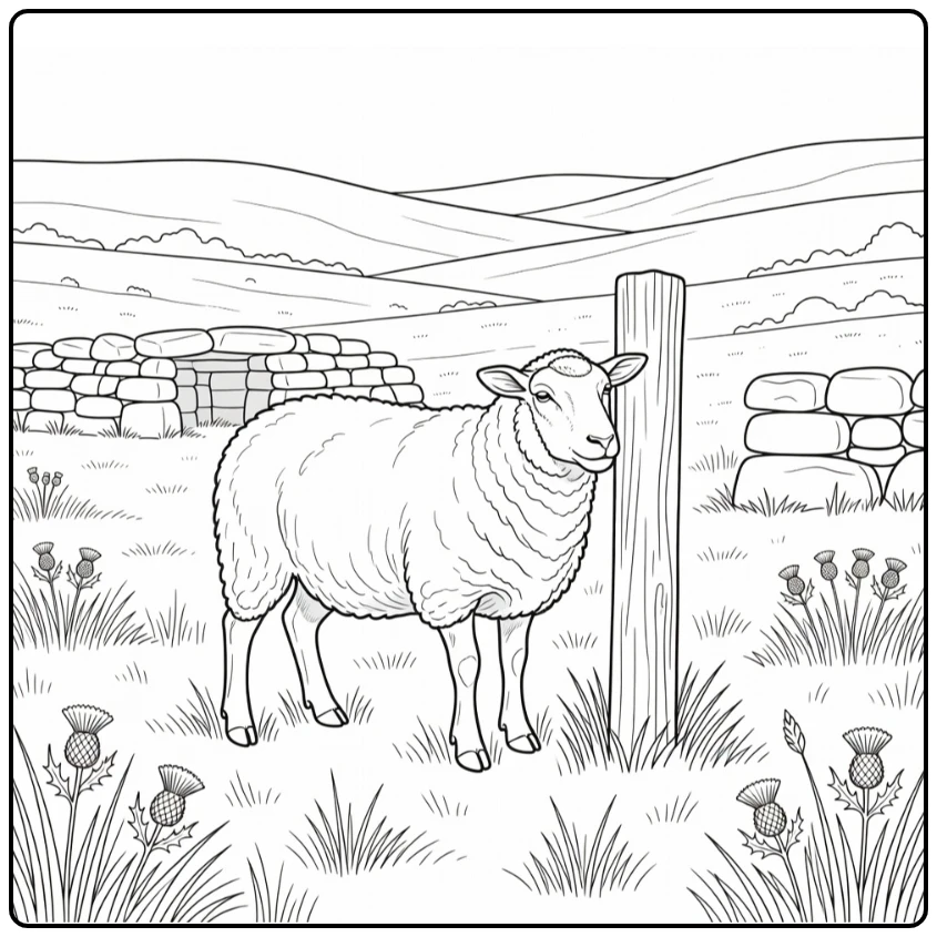 realistic sheep coloring page with sheep rubbing fence post