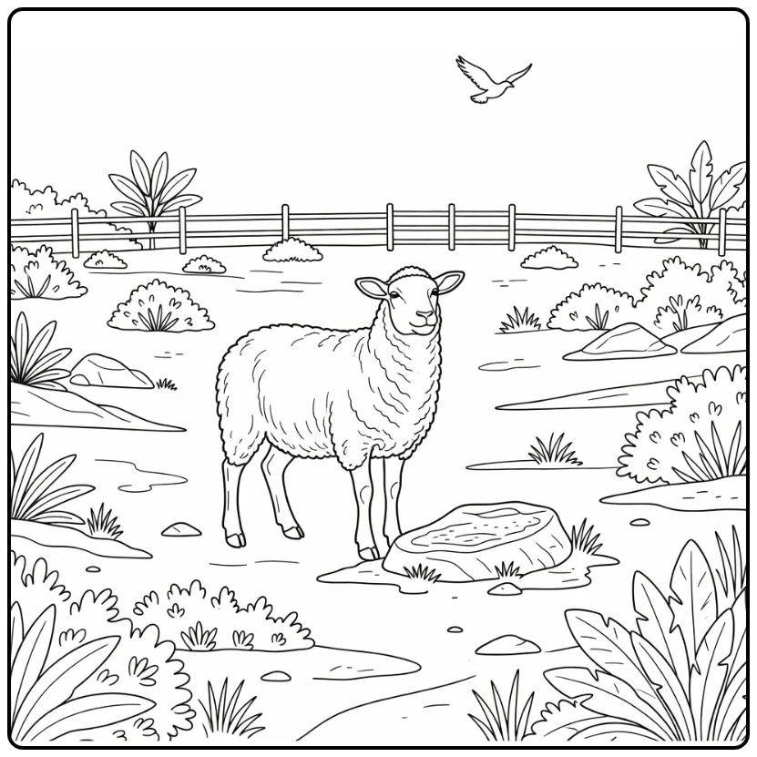Realistic sheep coloring page in highland clearing with bird