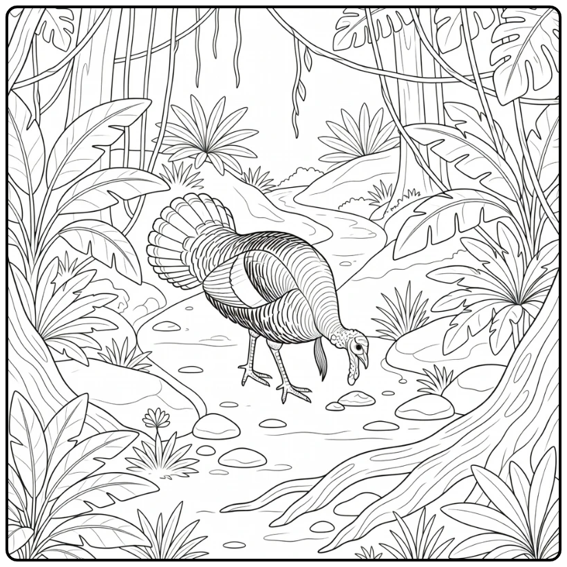 realistic turkey coloring page ocellated turkey forest scene