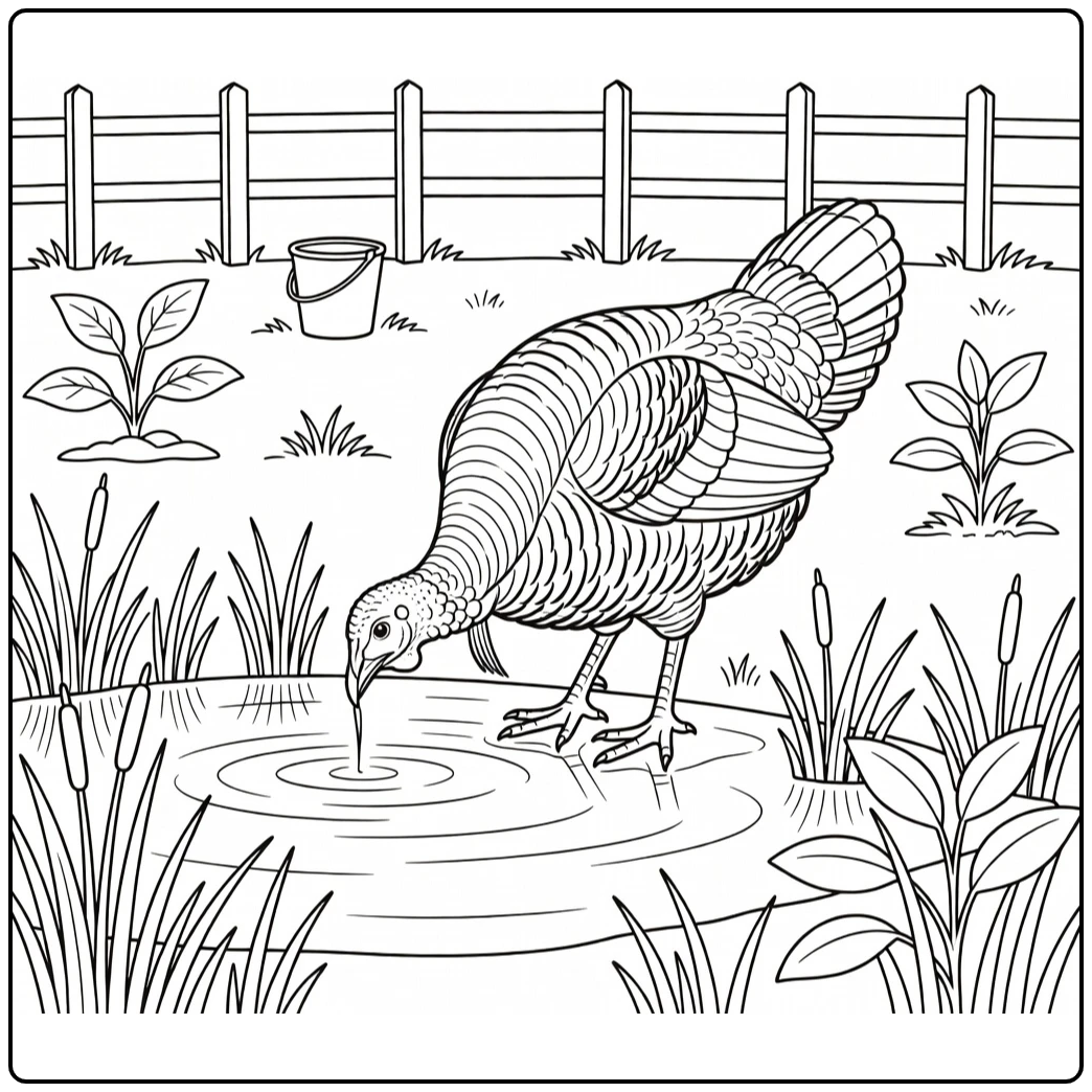 realistic turkey coloring page of hen drinking at farm pond