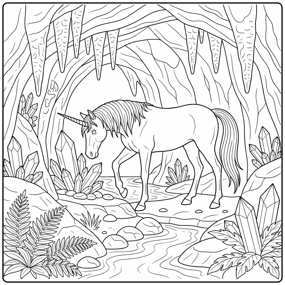 Realistic unicorn coloring pages: inspecting cave crystals