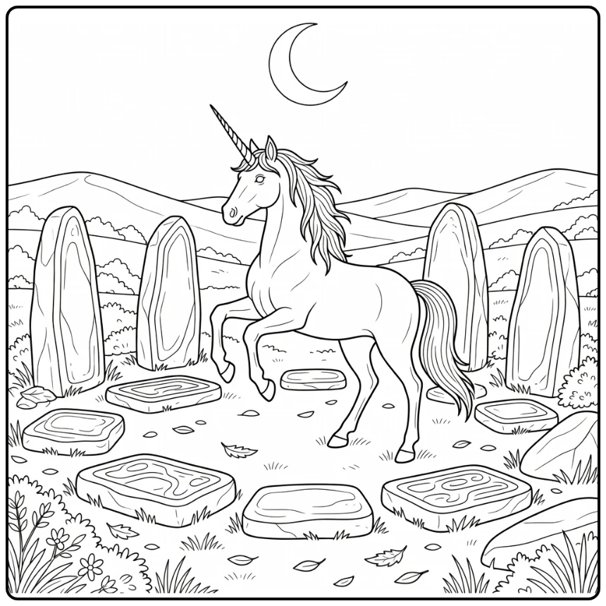 Realistic unicorn coloring pages: rearing by stone circle