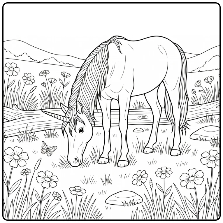 Realistic unicorn coloring pages: grazing in wild meadow