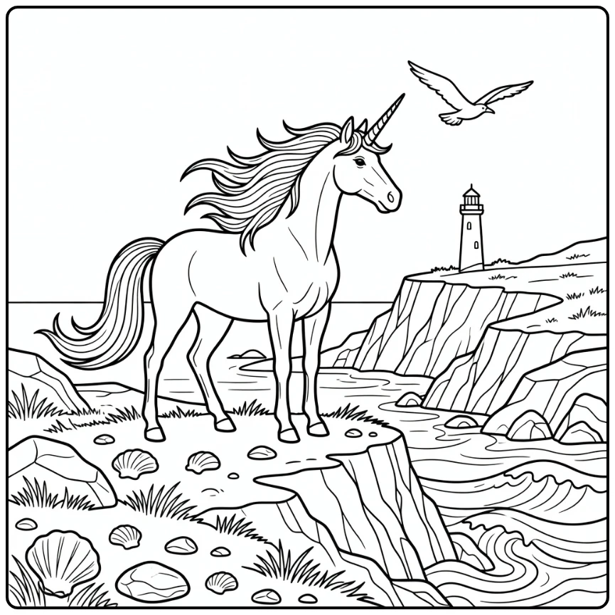 Realistic unicorn coloring pages: cliffside with seabird