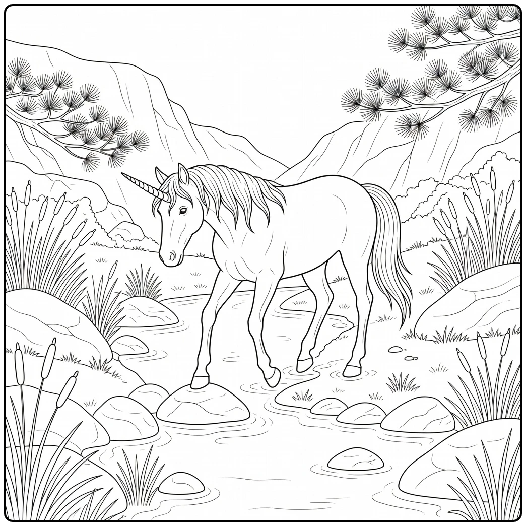 Realistic unicorn coloring pages: unicorn in mountain stream