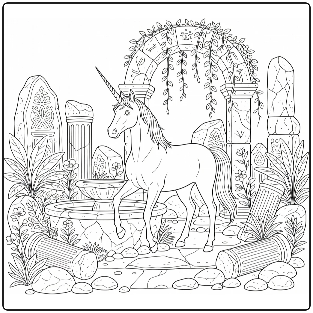 Realistic unicorn coloring pages in ruined garden courtyard