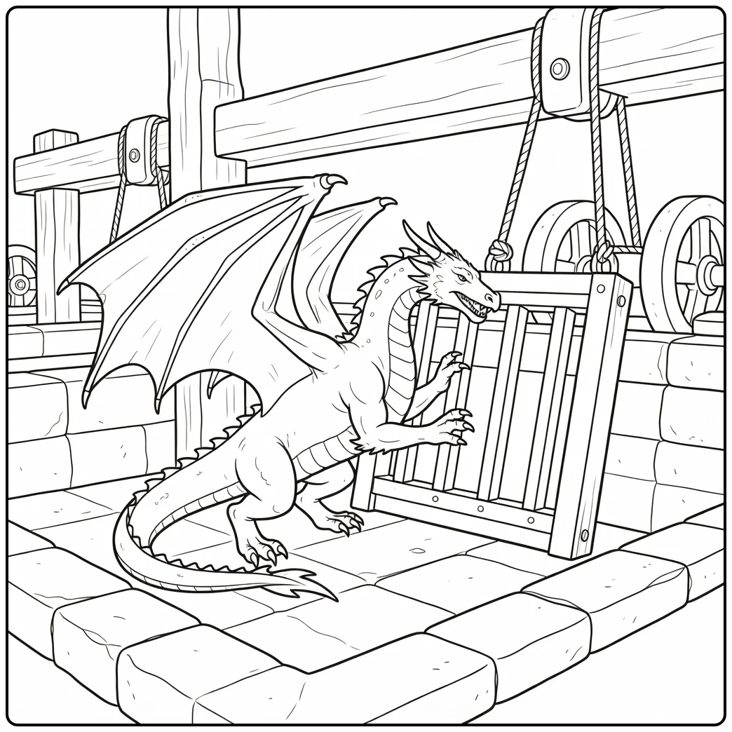 Realistic water dragon coloring page pushing dock gate