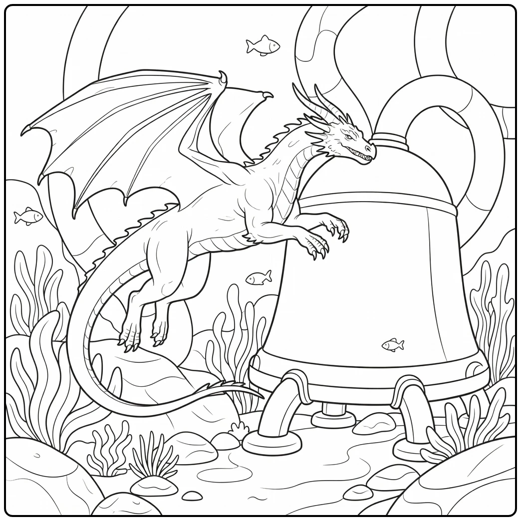 Realistic water dragon coloring page diving by deep-sea bell