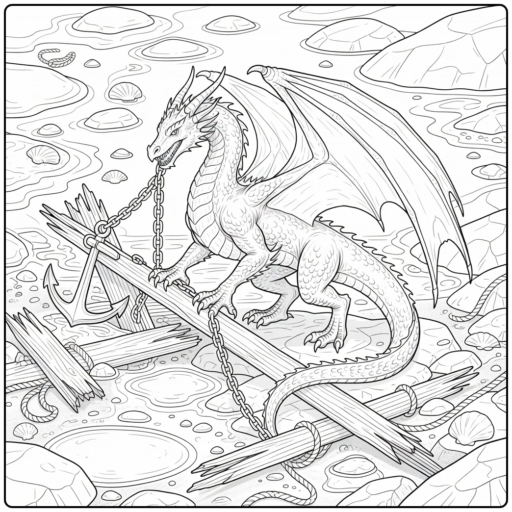 Realistic water dragon coloring page hauling giant anchor chain