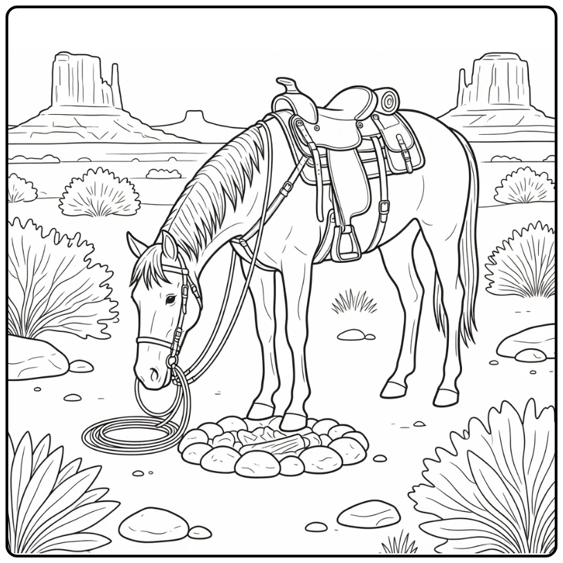 Realistic western horse coloring page sniffing coiled lariat