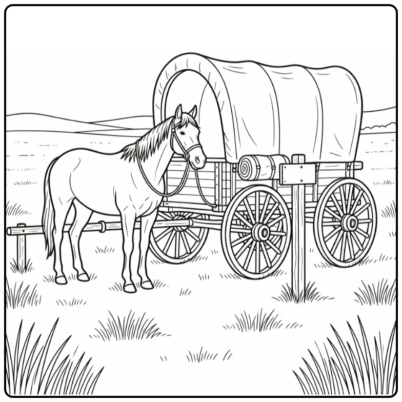 realistic western horse coloring page with wagon on prairie