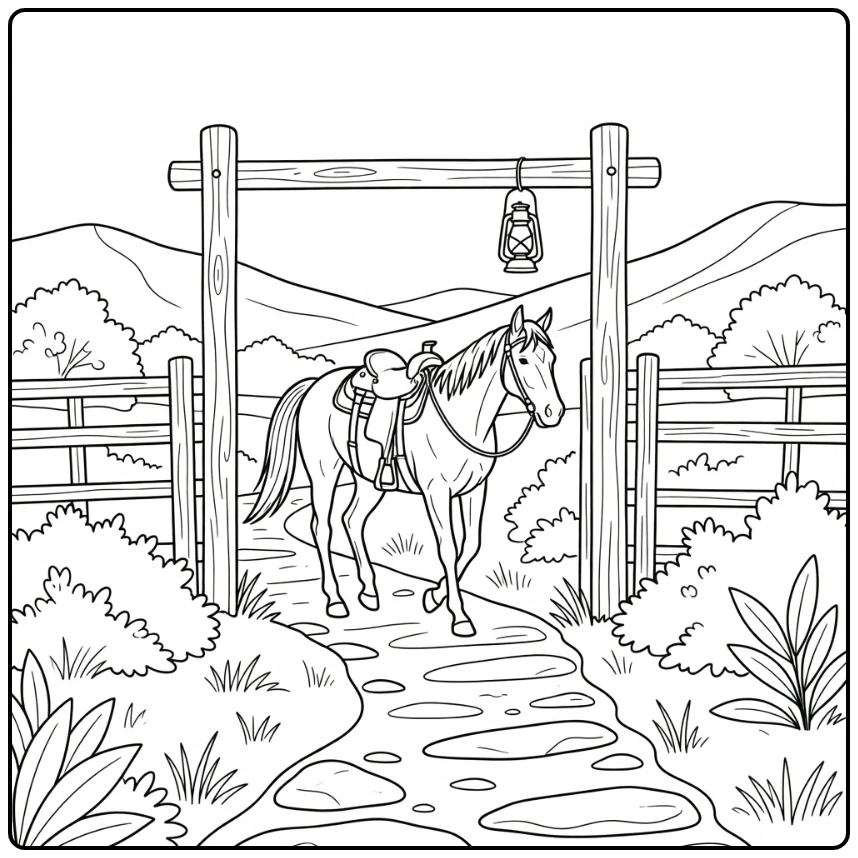 realistic western horse coloring page in narrow ranch pass