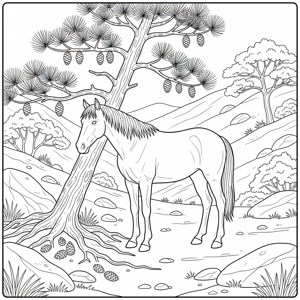 Realistic wild horse coloring page of horse by pine on hillside