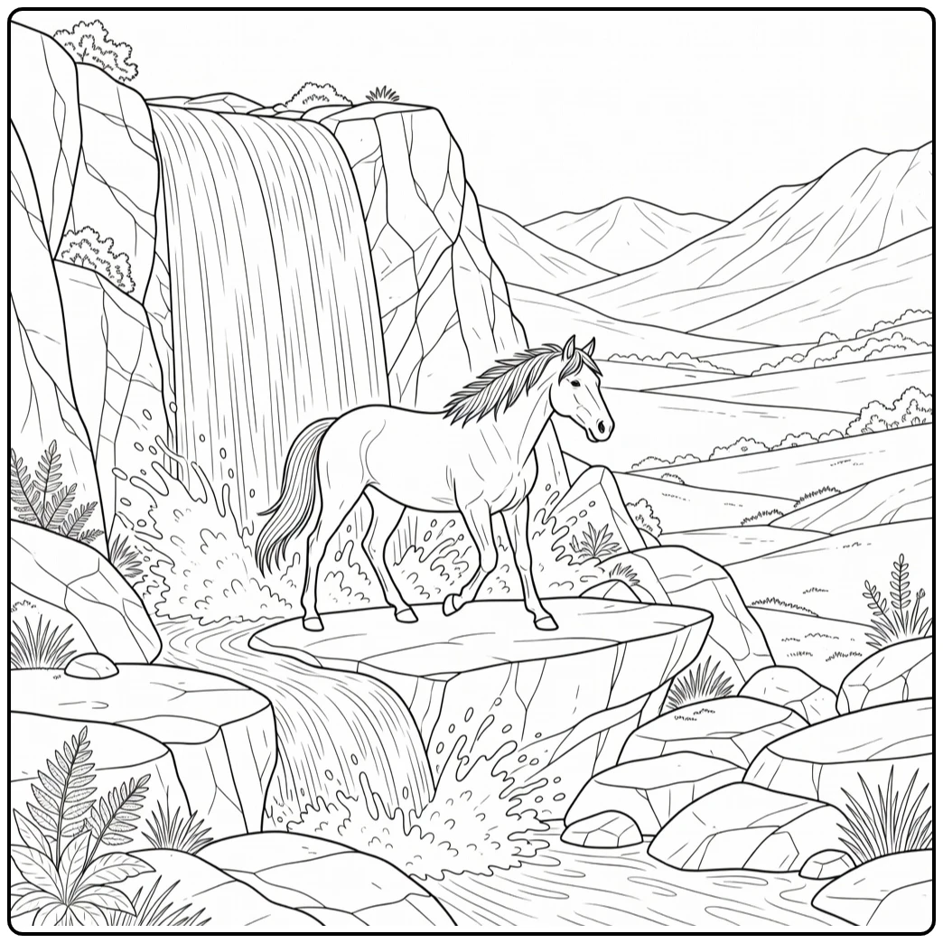 realistic wild horse coloring page at waterfall ledge