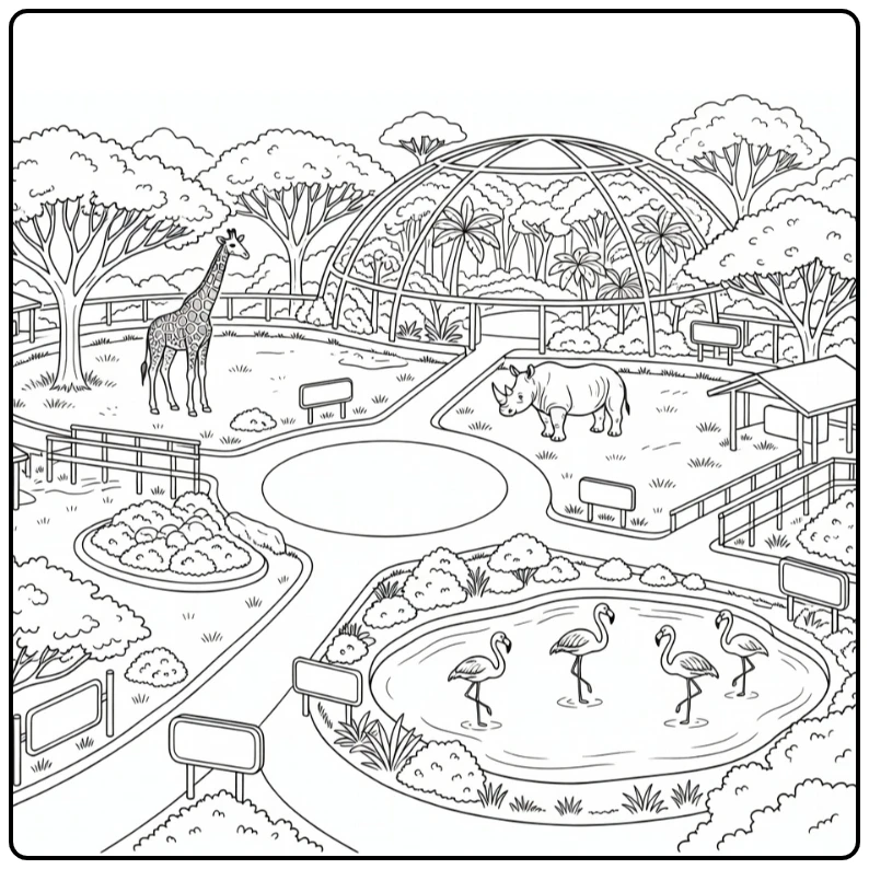 Realistic zoo coloring page: panoramic view with giraffe rhino