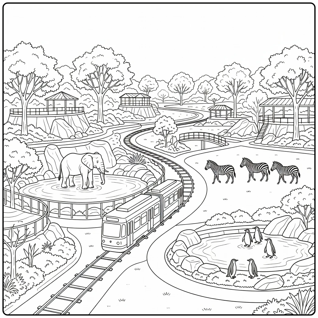 Realistic zoo coloring page: elephant, zebras, penguins, tram