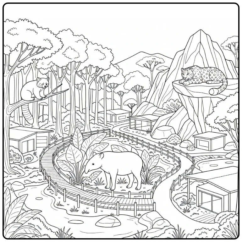 Realistic zoo coloring page: tapir, red panda, snow leopard habitats