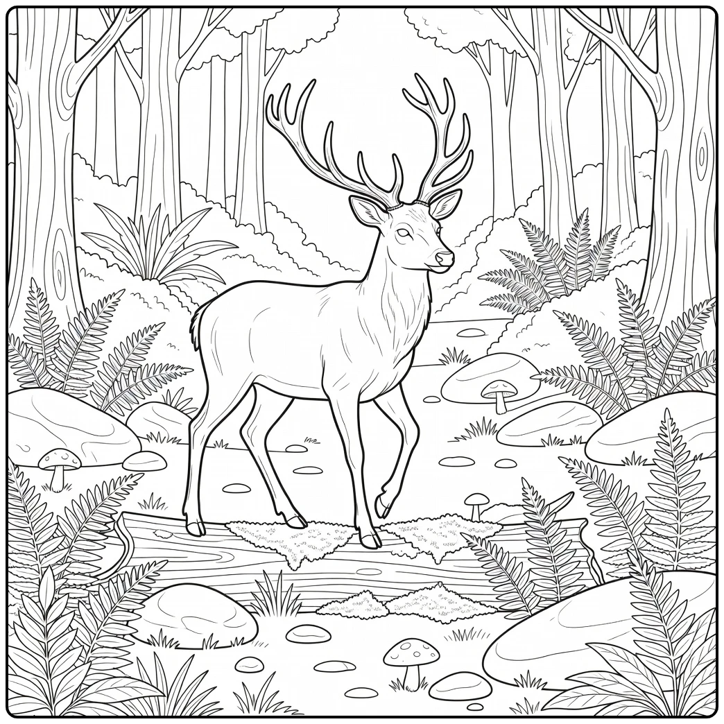 Realistic forest animals coloring page with red deer stag