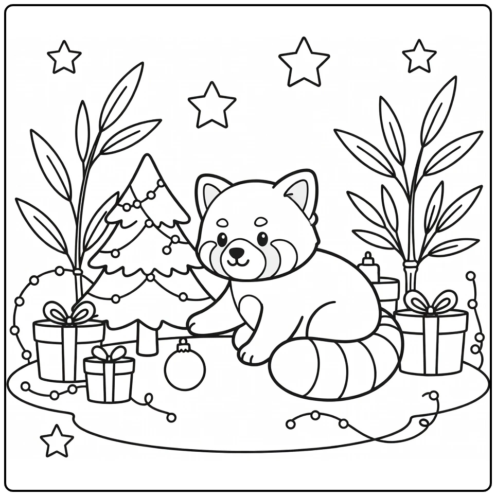 Cute christmas animal coloring page of red panda by tree