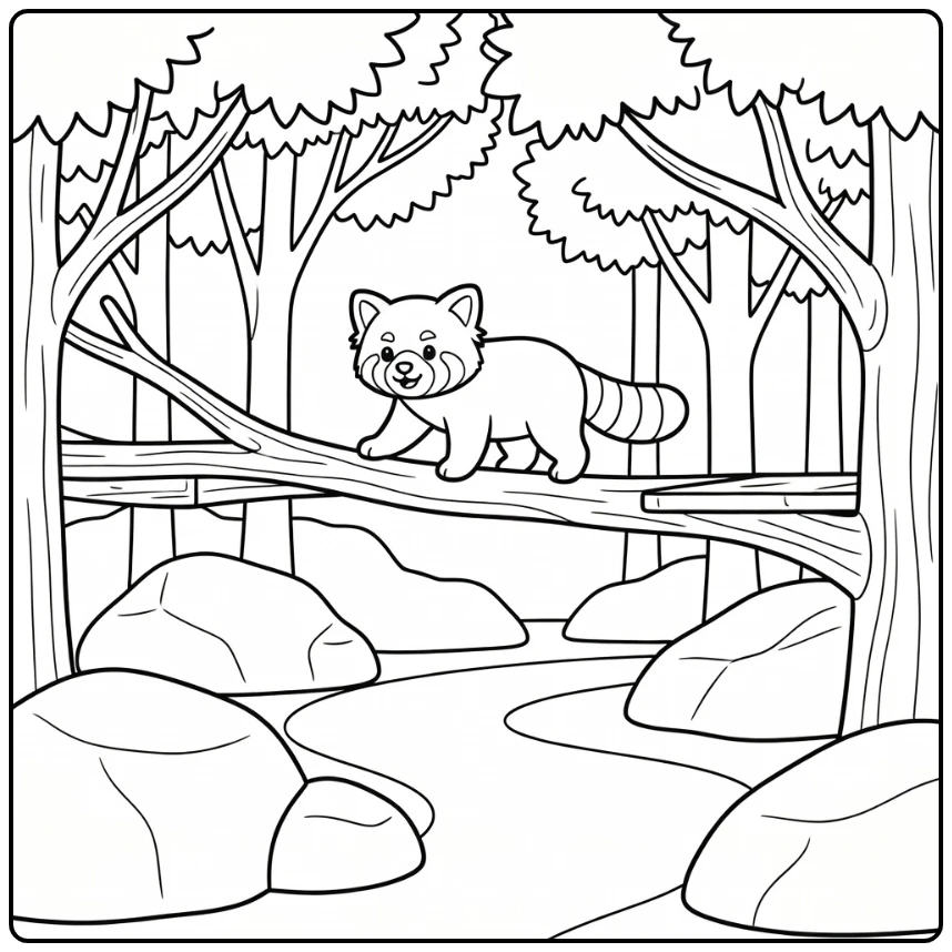 Zoo coloring page: red panda on high branch in forest exhibit